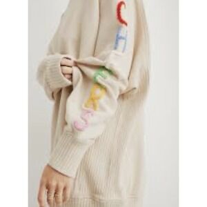 Aerie Oversized Crewneck Sweatshirt Medium Beige Rainbow "Cheers" Sleeve Lounge